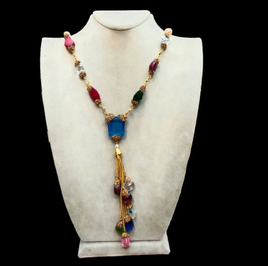 Gold Plated Multi-Colored Tassel Crystal Necklace