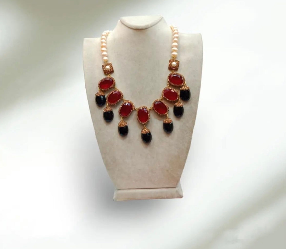 Red Onyx and Blackstone Necklace with Pearls