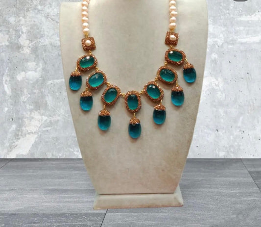 Turquoise Crystal and Pearl Necklace.