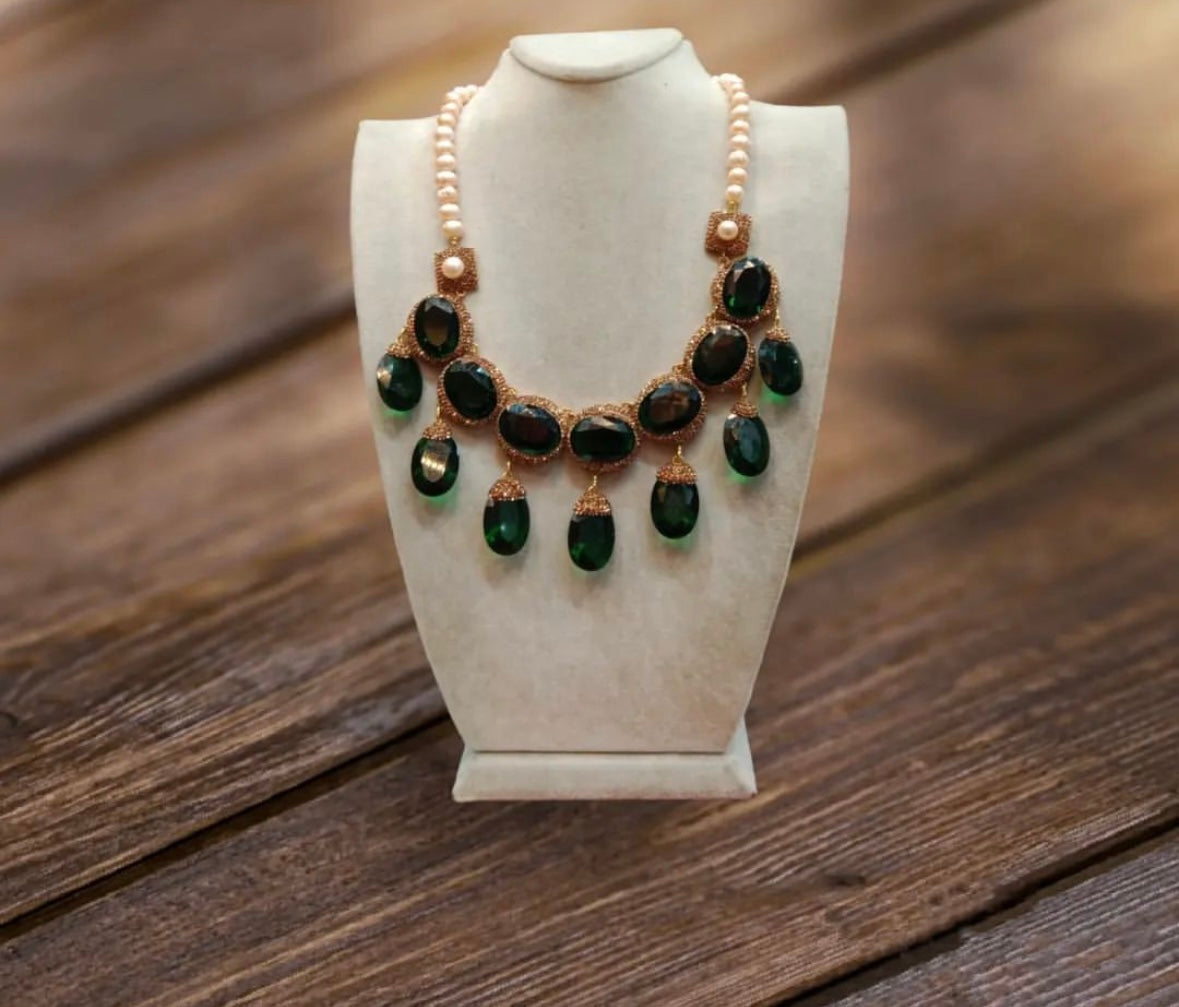 Dark Green Crystal and Pearl Necklace