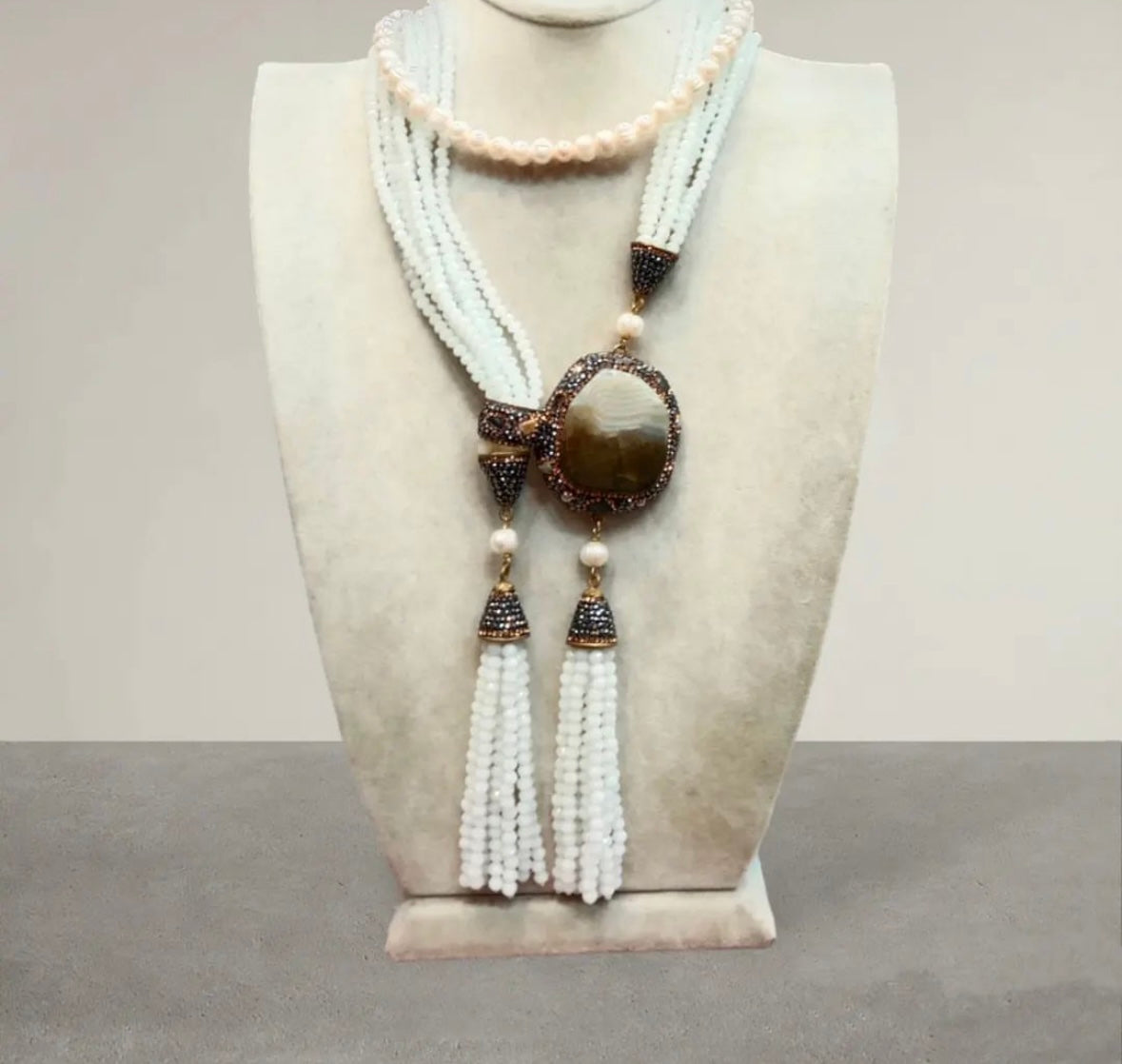 White Crystal Ottoman Style Tassel Necklace