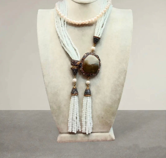 White Crystal Ottoman Style Tassel Necklace